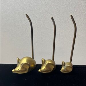 Vintage BRASS LONG tail Mouse receipt holders. Set of 3. Display on shelf.
